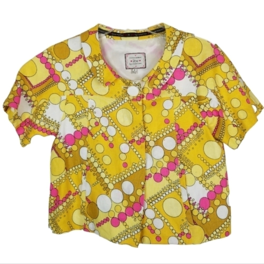 ITW Linen Retro Style Print One Button Swing Blazer Jacket Size 2 Short Sleeve